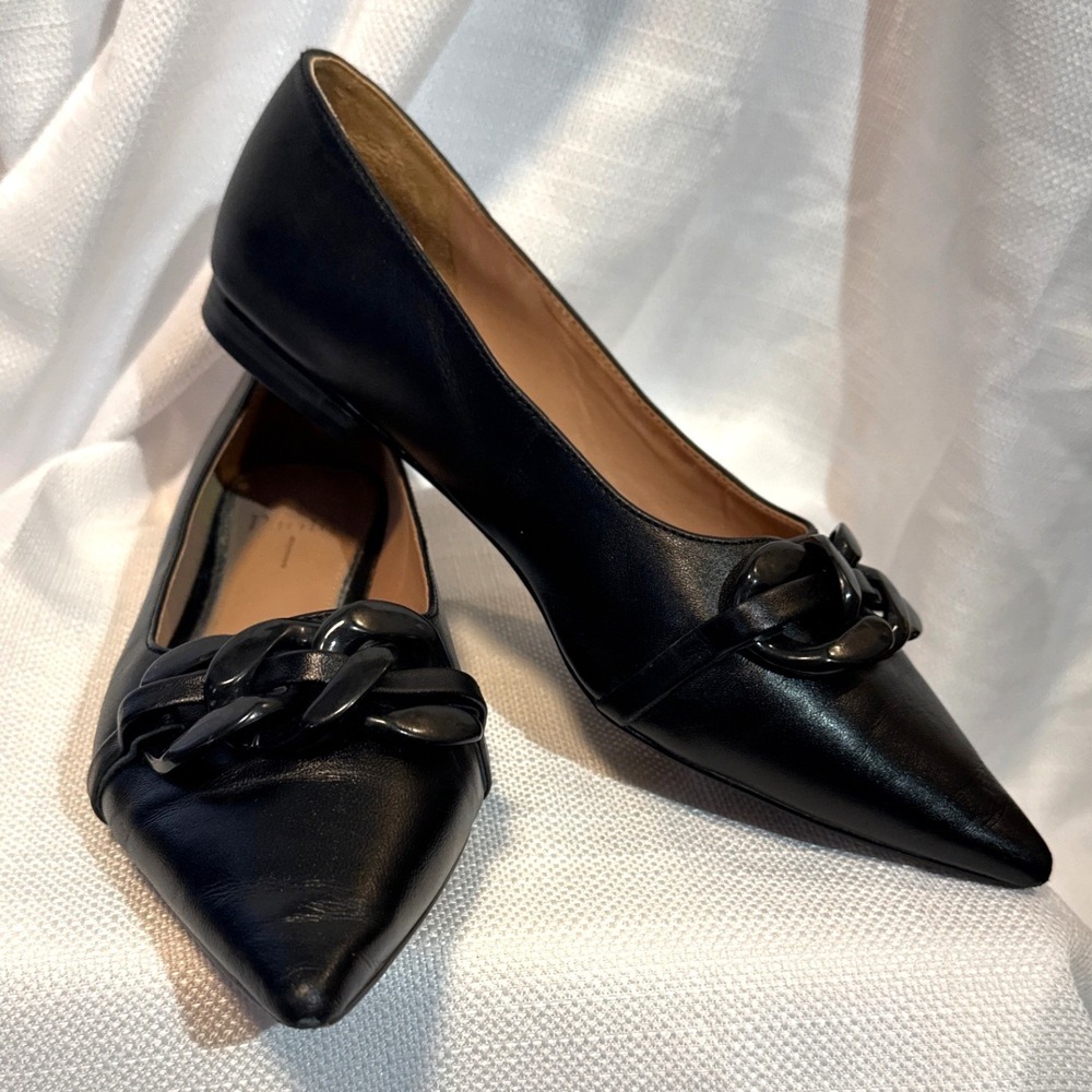 Linea Paolo Womens Black Leather Pointed Toe Chain Link Flats Size 8.5M